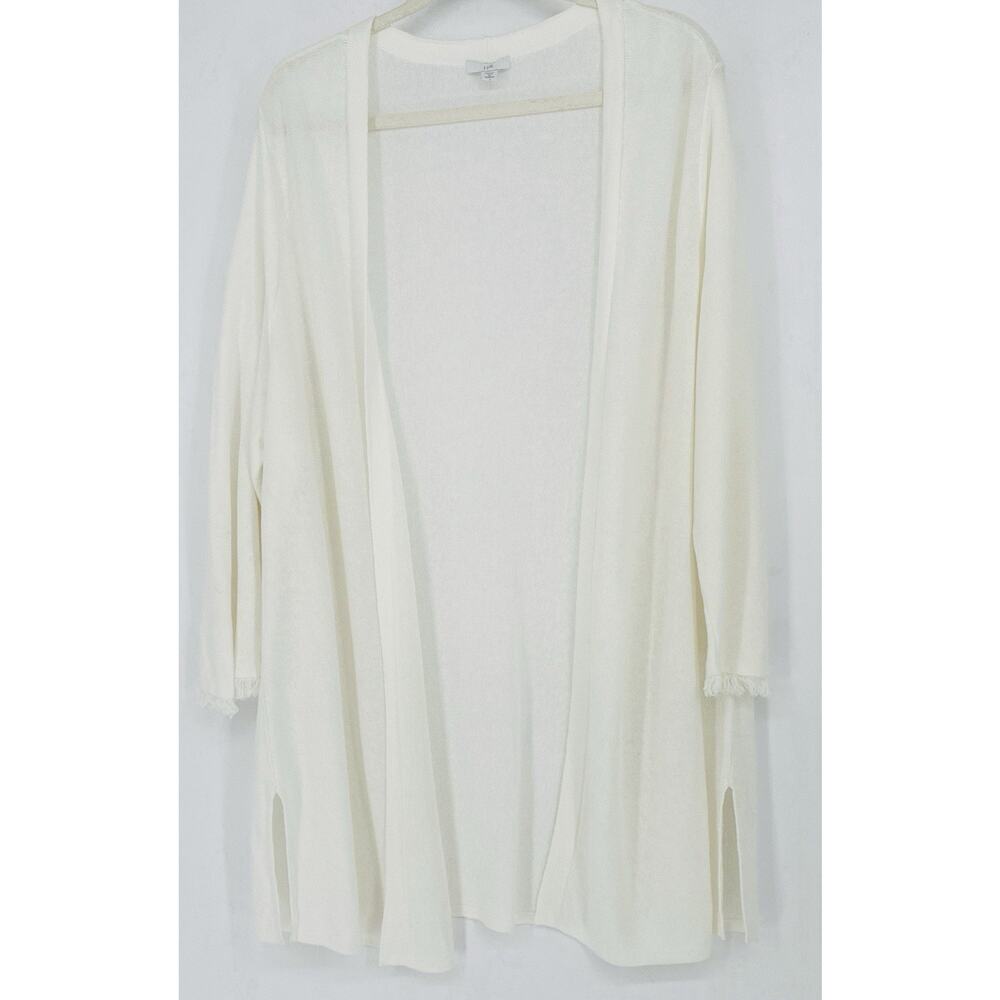 J.Jill Sz 2X Wmns White Open Side Slits Fringe LS Linen Rayon Shawl Frnt Cardign